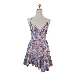 Sage + Paige Floral Ruffle Mini Dress XS Pink Blue Cross Back Fit &‎ Flare NWT